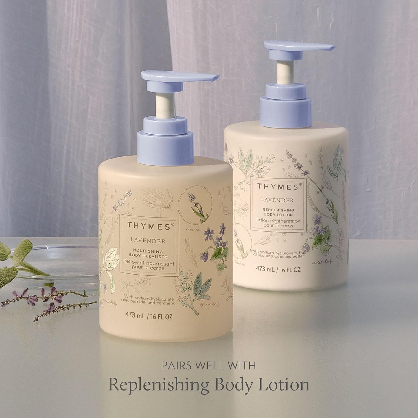 Thymes Nourishing Body Cleanser - Large Moisturizing Body Wash with Pump - Hydrating Cleanser - Notes of Velvety Lavender, Warm Rosewood, Fresh Clary Sage, & Earthy Violet (Lavender, 16 fl oz)