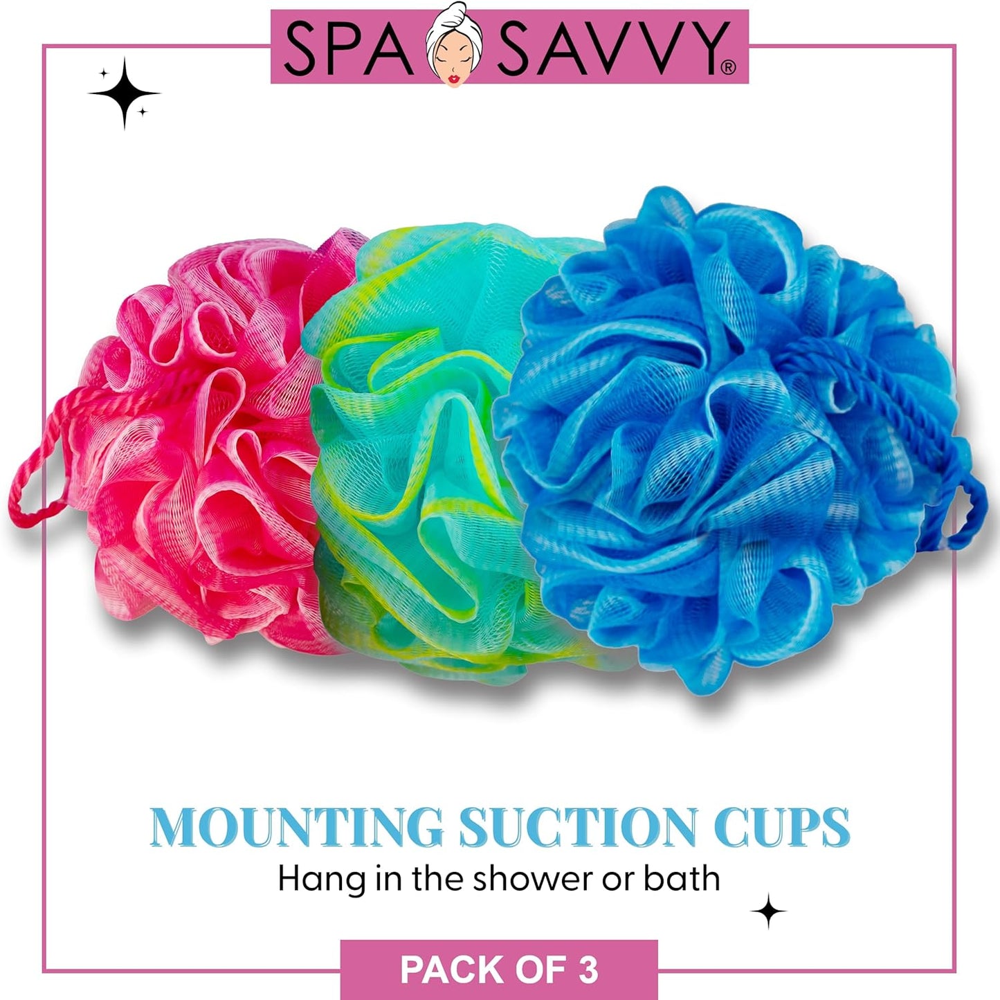 Bath Loofah Set, 3 Pack Shower Pouf Body Sponges with Suction Cups, Exfoliating Bath Accessories for Men and Women, Multicolor