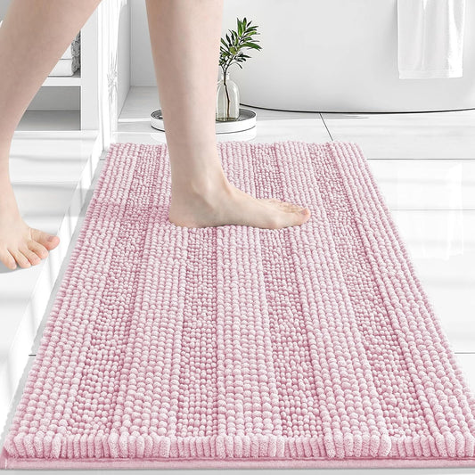 Grandaily Chenille Striped Bathroom Rugs 24x16, Extra Thick and Absorbent Bath Mats, Non-Slip Soft Plush Shaggy Shower Carpet, Machine Wash Dry, Bath Rug for Bathroom, (Small, Pink)