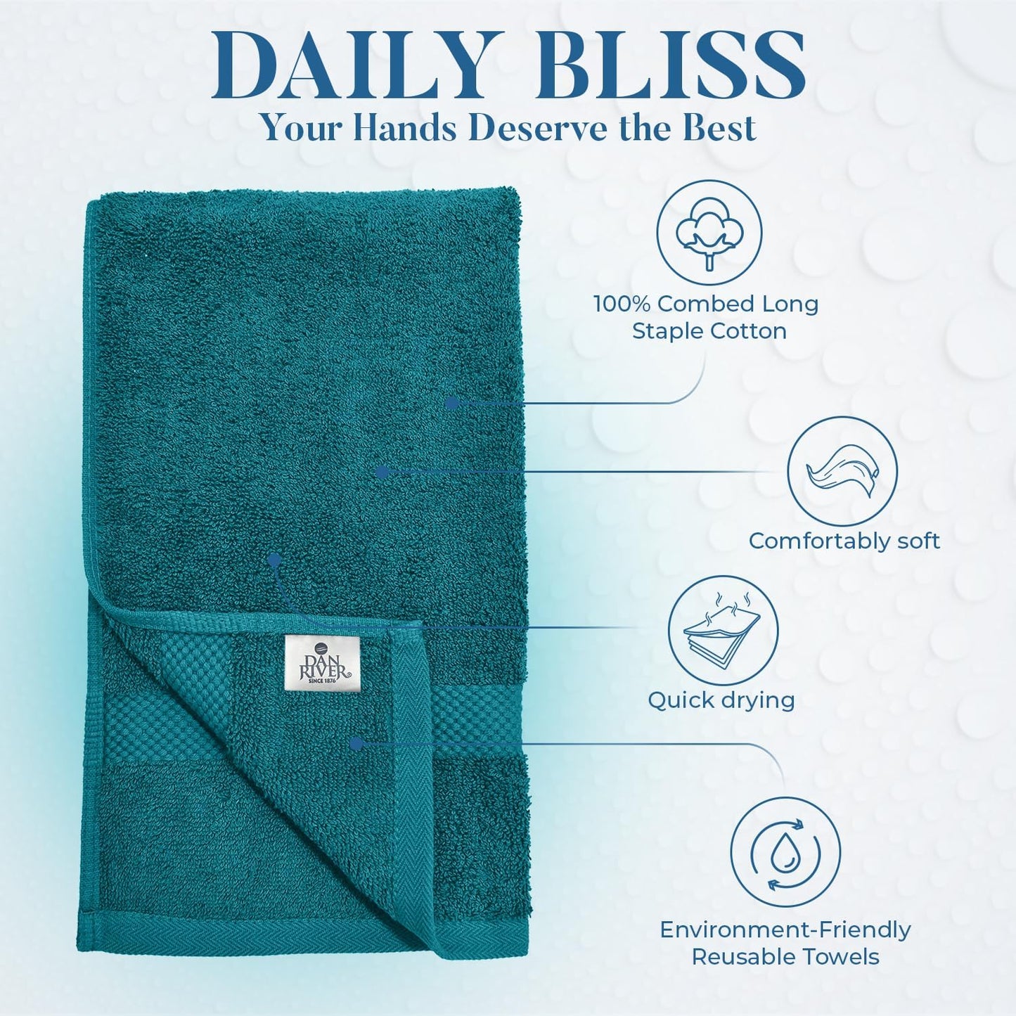 DAN RIVER 6-Pack Premium Hand Towels (16x28 Inches) - 100% Cotton, Ultra Soft, Lightweight, Highly Absorbent Towels for Bathroom, Spa, Gym, Salon, Hotel, and Travel - 550 GSM - Teal