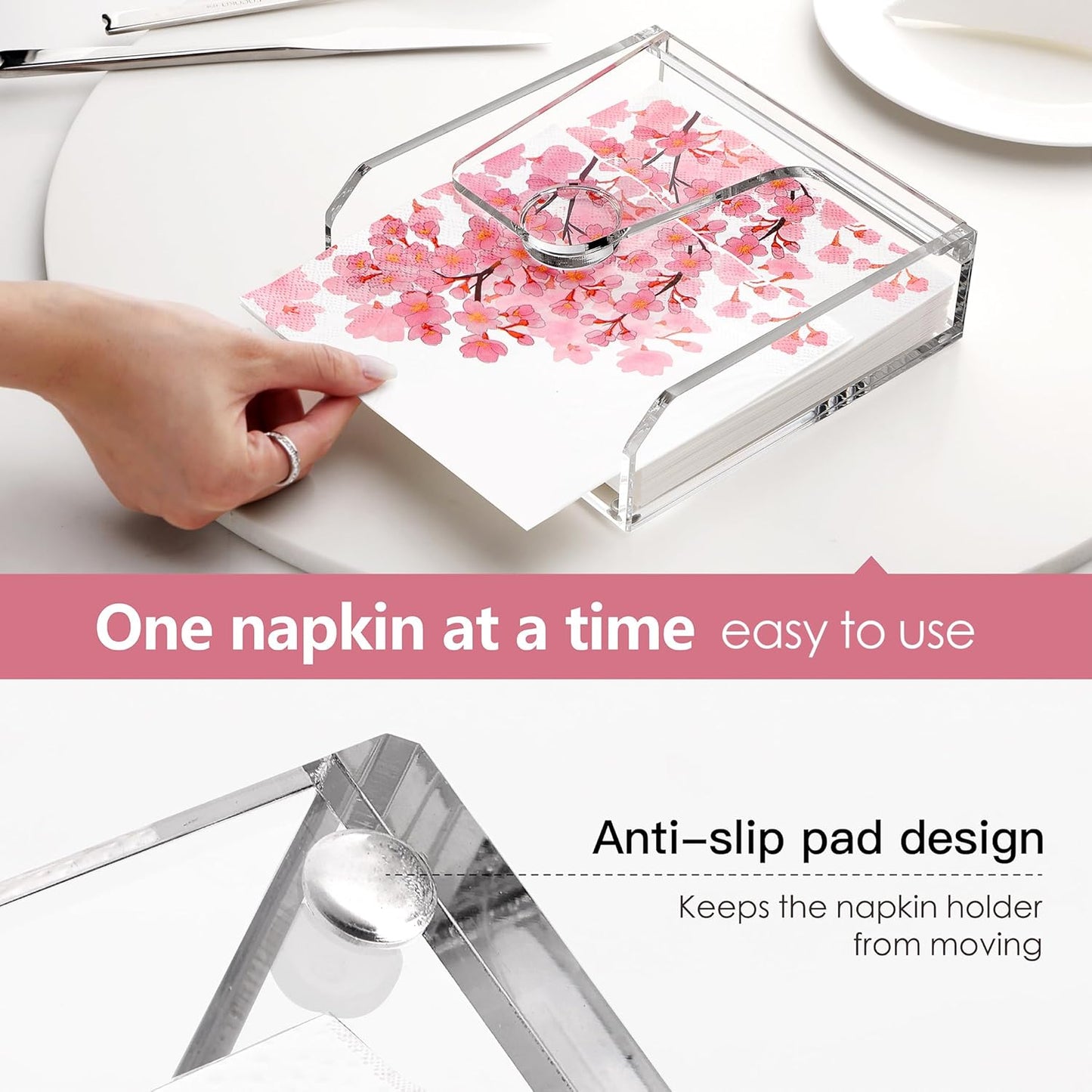 DINGHUO Acrylic Napkin Holder for Table, 7"x7" Clear Luncheon Napkin Holder with Weighted Arm, Flat Kitchen Paper Hand Napkin Dispenser, Suitable for Outdoor & Indoor