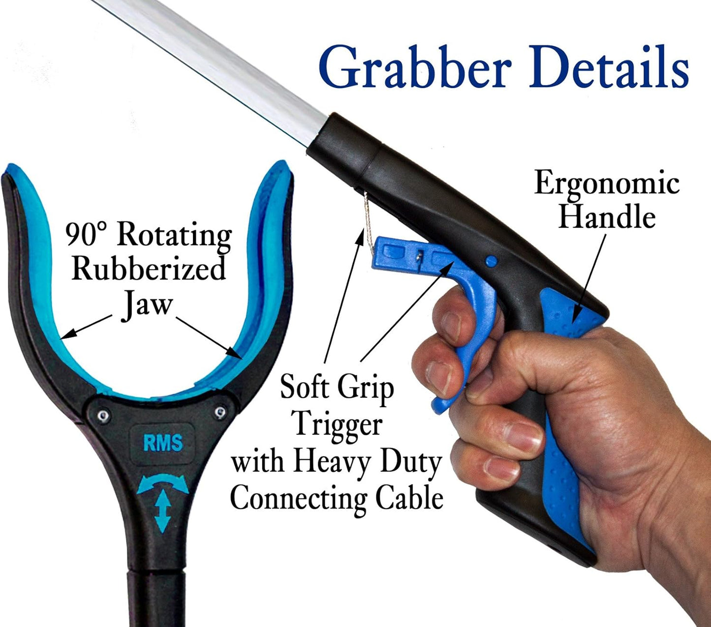 RMS 2-Pack 34 Inch Extra Long Grabber Reacher with Rotating Jaw - Mobility Aid Reaching Assist Tool (Blue)