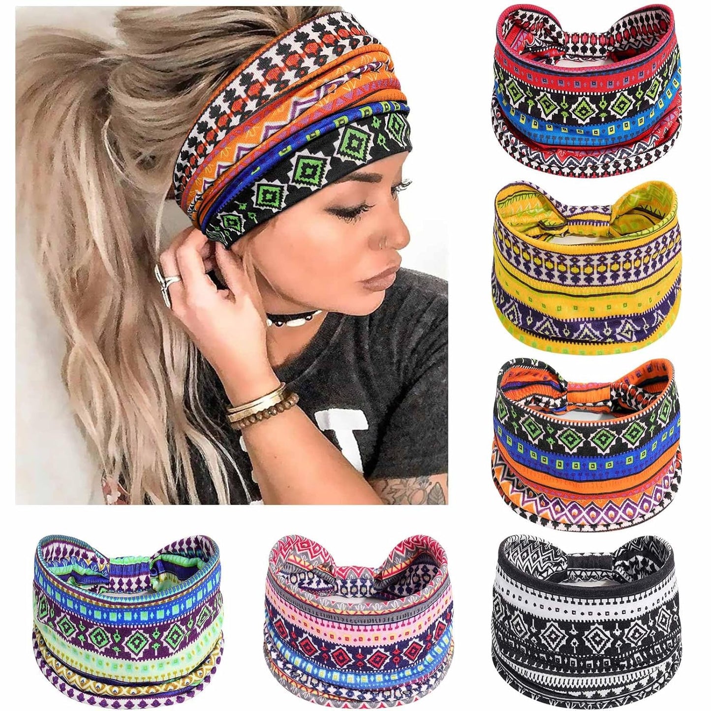 Wide Headbands for Women Knotted No Slip Head Bands Soft Turban Headband Hair Accessories Boho African Solid Color Head Wraps for Women Yoga Workout Pack of 6 (Retro)