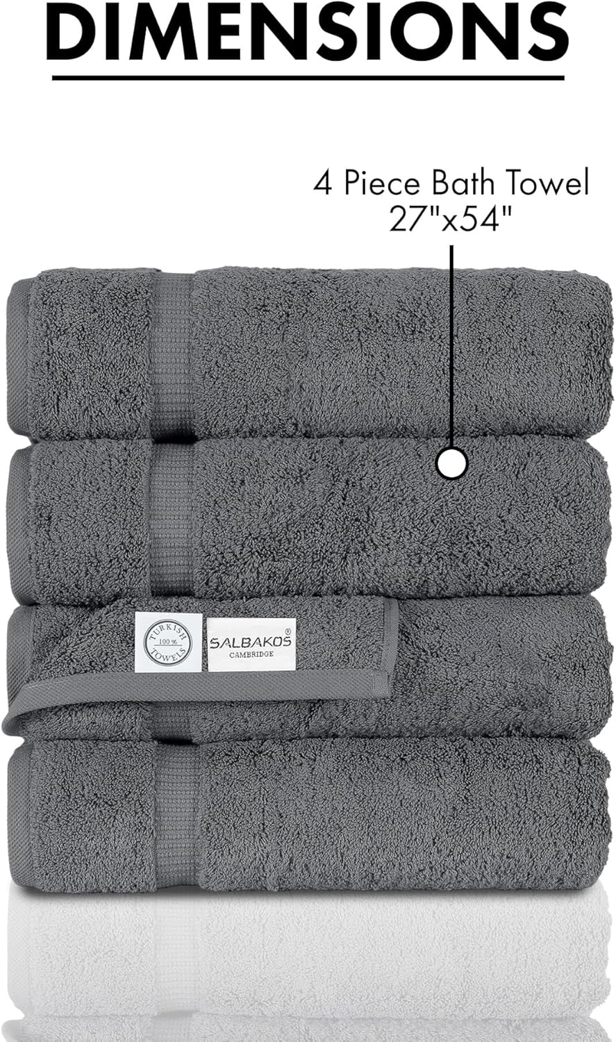 SALBAKOS 100% Turkish Cotton Bath Towel Set of 4 27x54 inch | Heirloom Quality | Hotel & Spa Collection | Ultra Soft, Super Absorbent, Long Lasting Bath Towels | Made in Turkey (Gray, 4 Bath Towels)