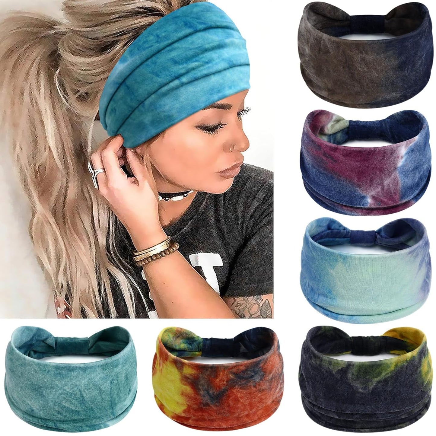 Wide Headbands for Women Knotted No Slip Head Bands Soft Turban Headband Hair Accessories Boho African Solid Color Head Wraps for Women Yoga Workout Pack of 6