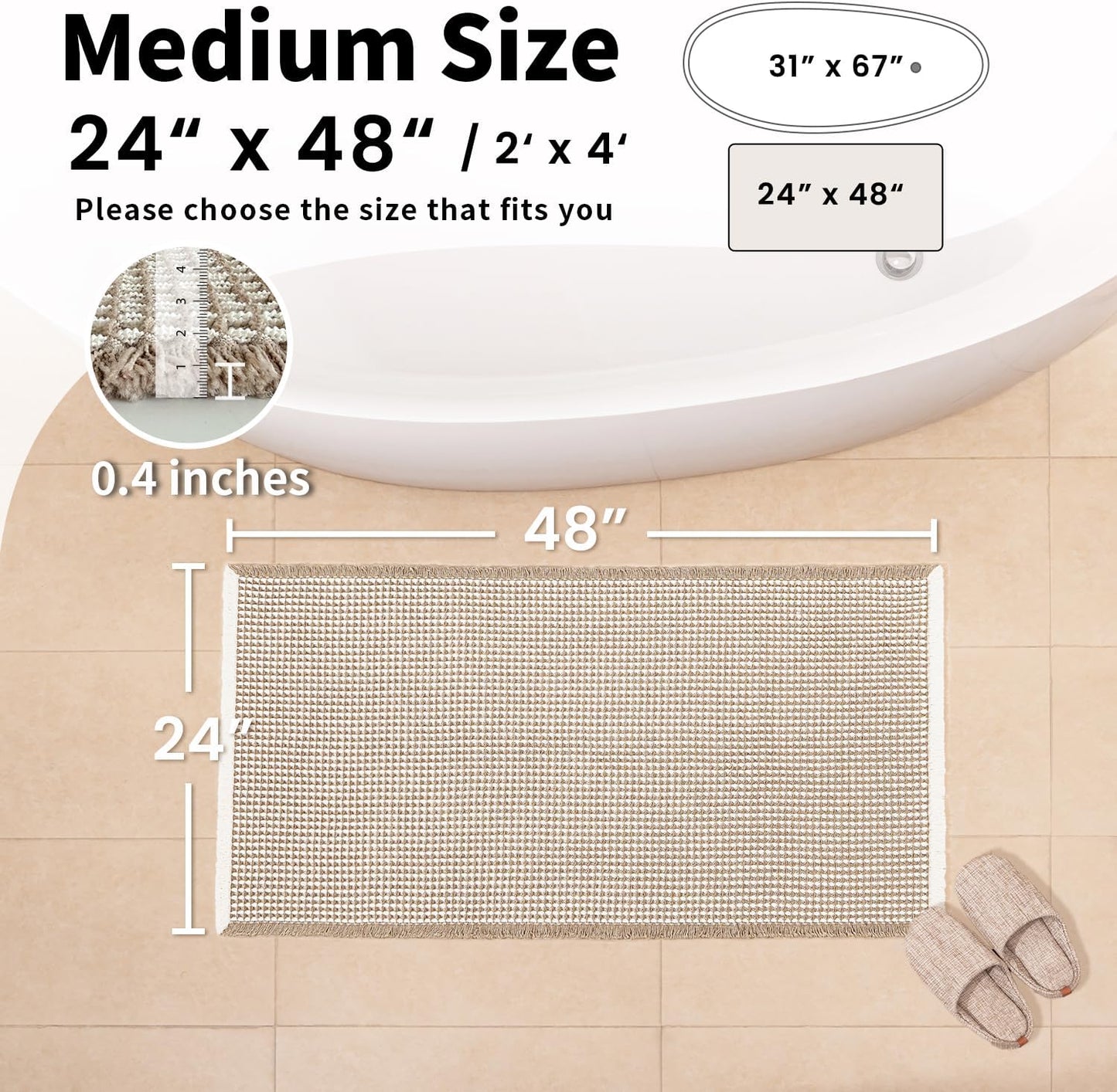 Waffle Bath Mat - Boho Bathroom Rugs Non Slip Washable, Super Absorbent & Quick Dry, Soft Bath Mat Farmhouse Bathroom Decor, 24'' x 48'', Khaki and White