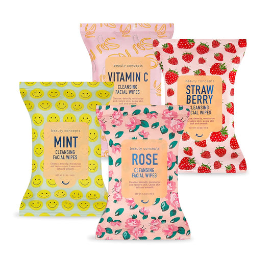 Beauty Concepts Facial Wipe Set - Packs of Face Wipes, Makeup Removing Wipes, Mint, Vitamin C, Strawberry, and Rose