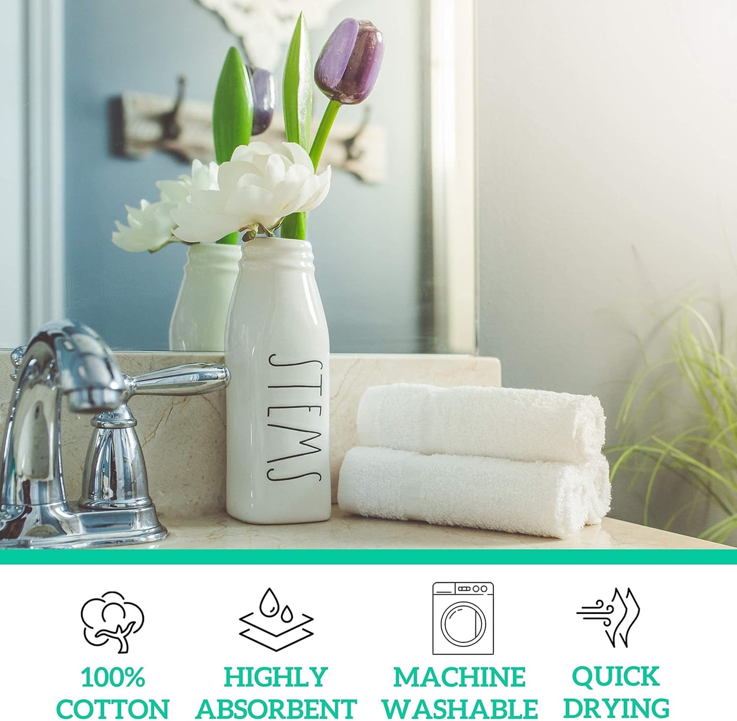 GREEN LIFESTYLE Bulk Washcloths 12x12 40 Pack - Face Towel, Wash Clothes for Body and Face - 100% Pure Cotton Wash Cloths for Your Body (White)