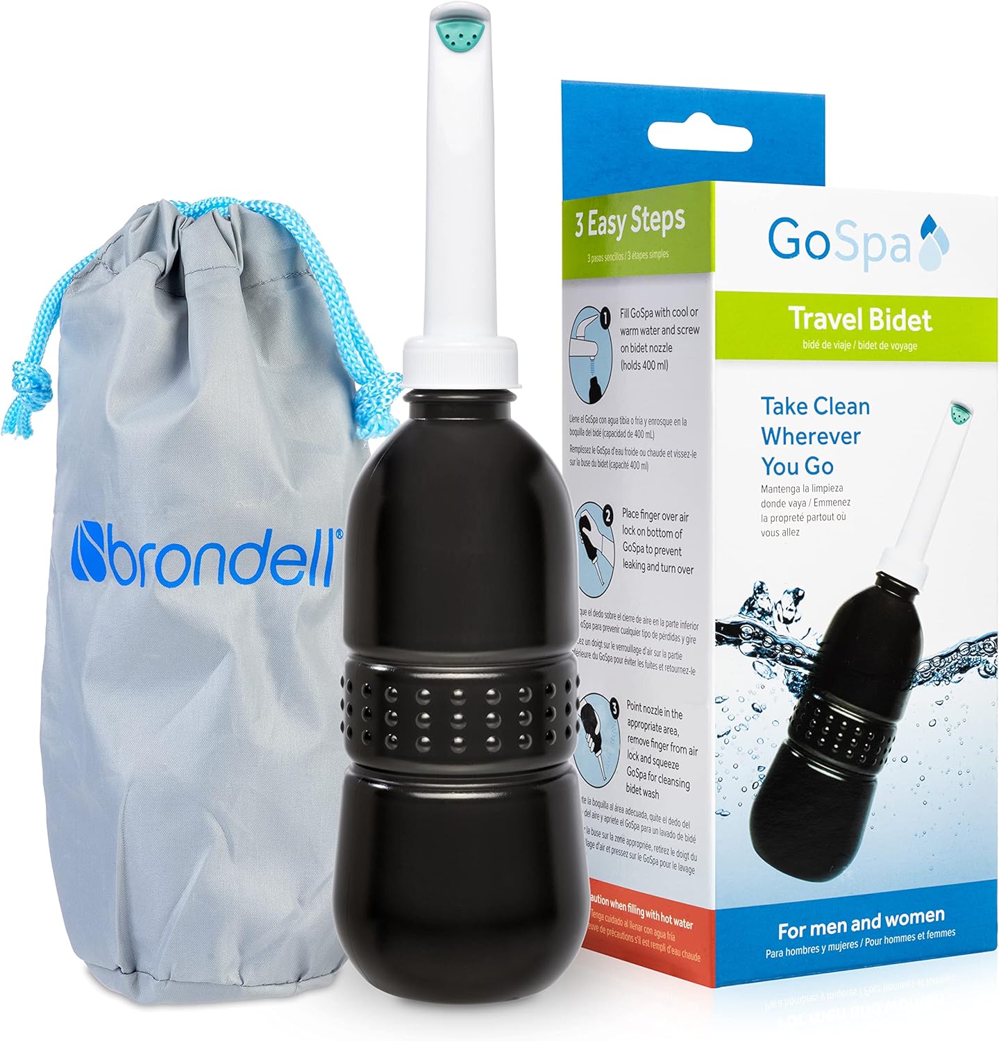Brondell GoSpa Essential Portable Bidet for Everyday Use, Camping, Hiking, and Outdoor Activities, Compact and Discreet, Includes Travel Bag, 400mL, Midnight