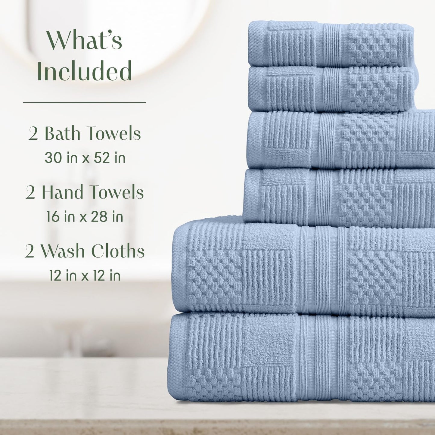 Springtree Home 100% Cotton Bathroom Towel Set | 6 Piece Set - Blue Towels | Geometric Textured Design | Absorbent & Quick-Dry | Oeko-TEX® Standard 100 Cotton | Myla Collection - Blue Cashmere