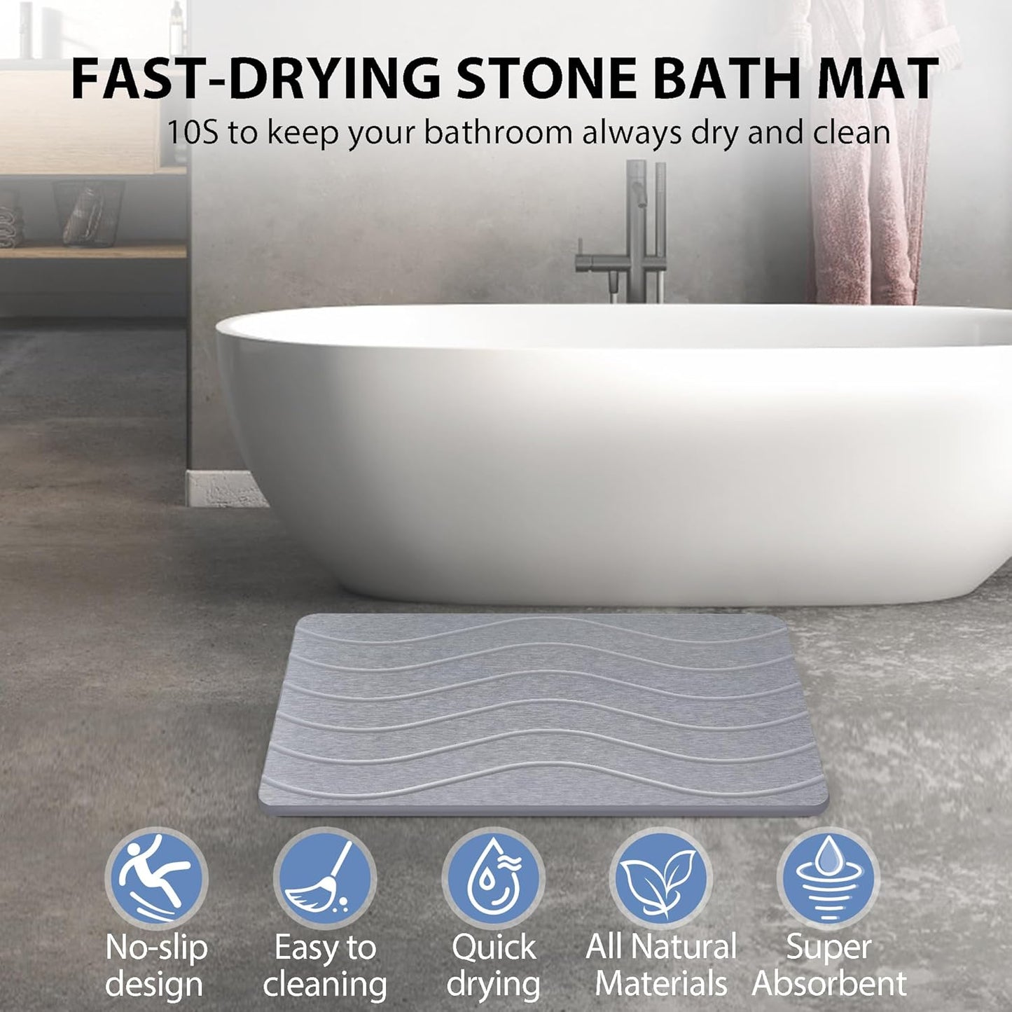 Absorbent Stone Bath Mat, Diatomaceous Earth Shower Mats, Non-Slip Water Absorbing Diatomite Stone Mat for Bathroom Floor, Quick-Drying Easy to Clean (23" x 16" Gray)