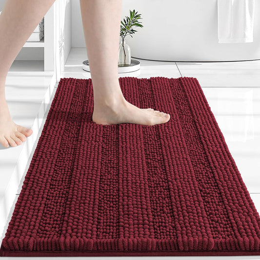 Grandaily Chenille Striped Bathroom Rugs 24x16, Extra Thick and Absorbent Bath Mats, Non-Slip Soft Plush Shaggy Shower Carpet, Machine Wash Dry, Bath Rug for Bathroom, (Small, Burgundy)