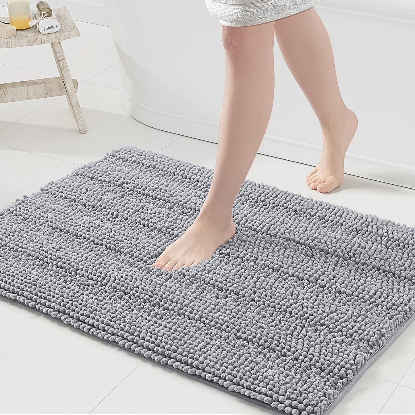 Grandaily Chenille Striped Bathroom Rugs 36x24, Extra Thick and Absorbent Bath Mats, Non-Slip Soft Plush Shaggy Shower Carpet, Machine Wash Dry, Bath Rug for Bathroom, (Large, Light Grey)