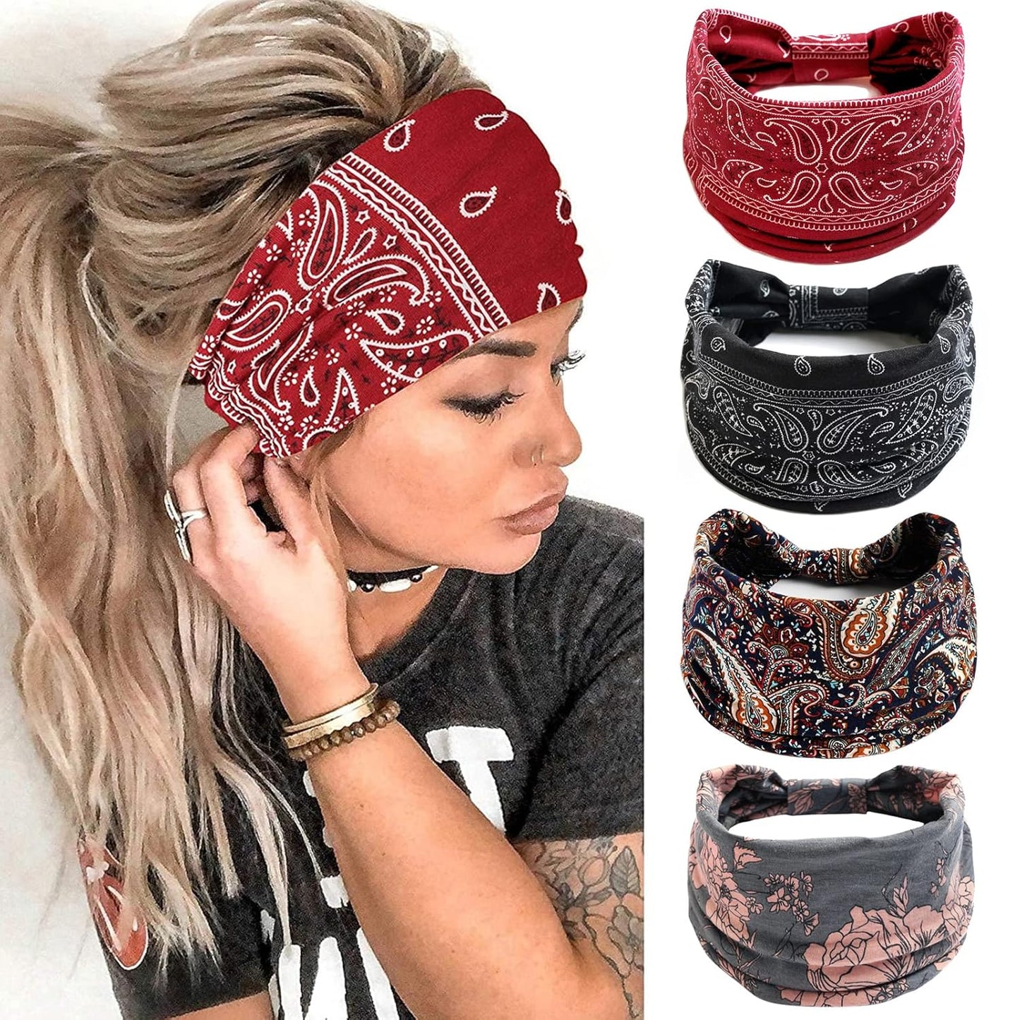 Wide Headbands for Women Black Stylish Head Wraps Boho Bandeau Thick Hairbands Large No Slip African Sport Yoga Workout Turban Headband Hair Accessories (Pack of 4)