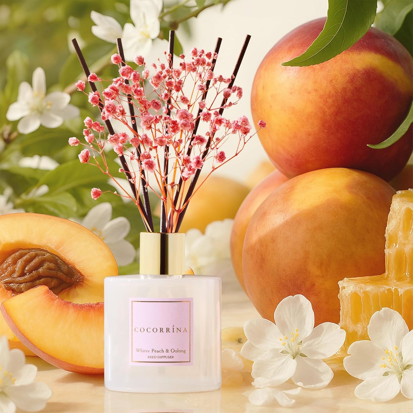 Cocorrína Reed Diffuser Sets - 6.7 oz. White Peach& Oolong Scented Diffuser with 8 Sticks Home Fragrance Reed Diffuser for Bathroom Shelf Decor