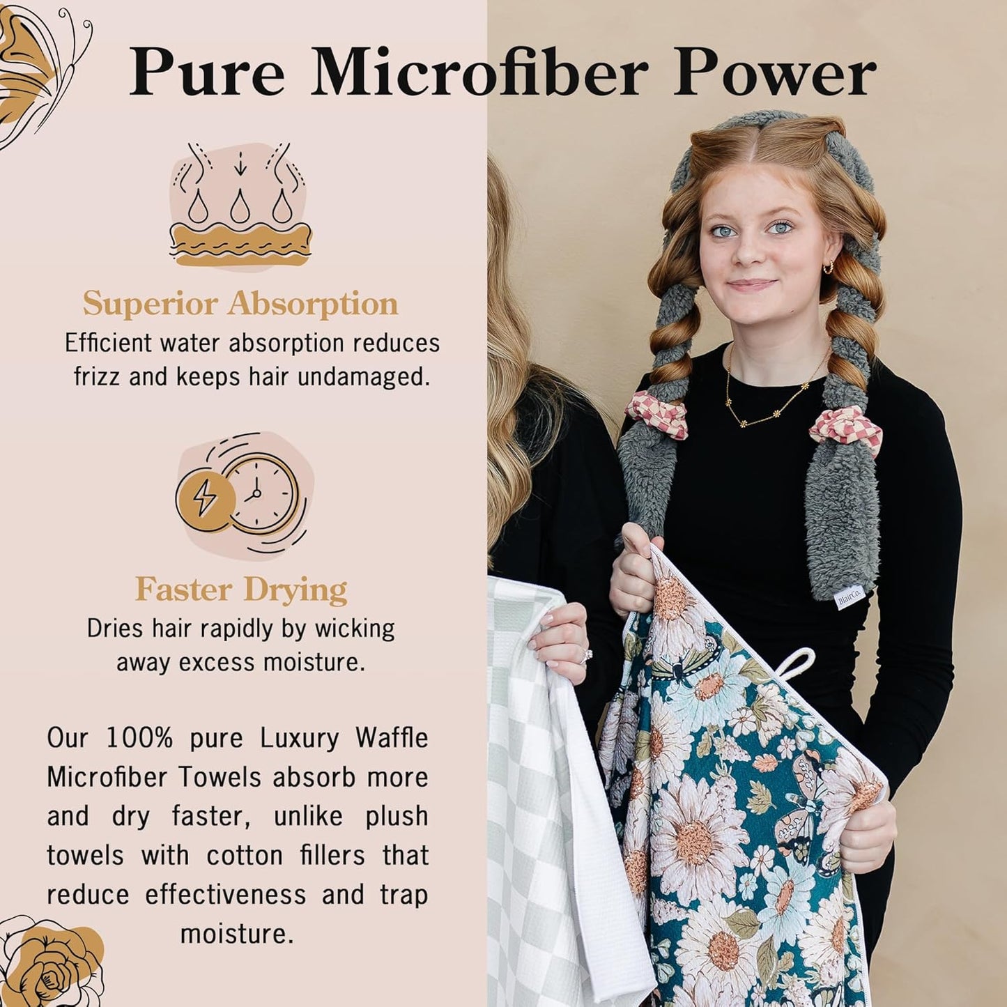 Microfiber Hair Towel Wrap for Women - Anti-Frizz Quick Dry Hair Wrap for Long Hair - Hair Towels for Women, Hair Drying Towel Wrap-Teal Butterfly Floral