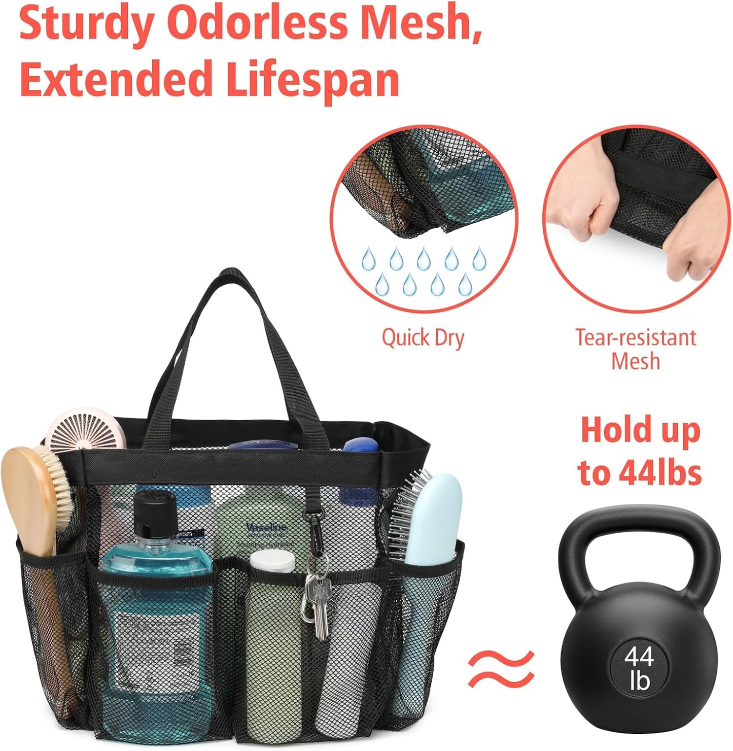 F-color Mesh Shower Caddy Portable - 2 Handles Upgrade Deeper 7 Pockets Basket Bag Tote for College Dorm Room Toiletry Bathroom Essentials Gym Camp Quick Dry with S Hook, 2 Pack, Black & Blue