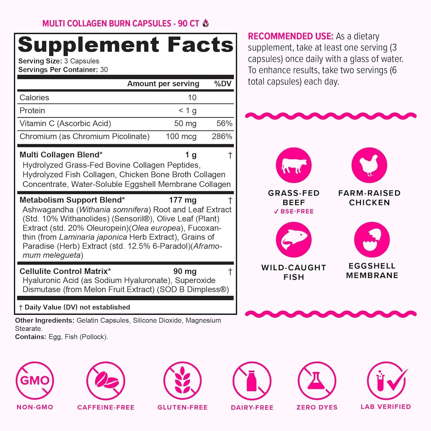 Multi Collagen Burn: Multi-Type Hydrolyzed Protein Peptides with Hyaluronic Acid, Vitamin C, SOD B Dimpless, Types I, II, III, V and X, Caffeine-Free (Unflavored Capsules)