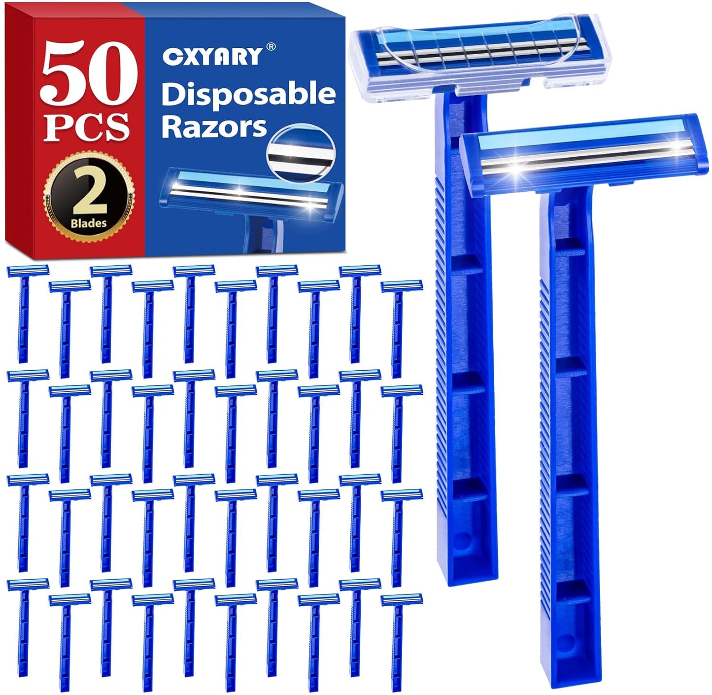 CXYARY 50 Pcs Disposable Razors With Lubricating Strip, 2 Blade Razors with Clear Safety Cap, Disposable Razors Bulk for Men Women, Multipurpose Portable Shave Razor for Bathing Hotel Travel, Blue
