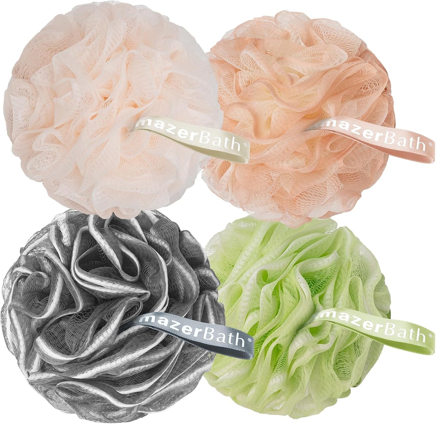 AmazerBath Bath Loofah Sponge (Pack of 4), Shower Loofah 60g/PCS Body Scrubber Loofa - Light Orange-Green-Grey-Beige, Bath Sponge for Men and Women