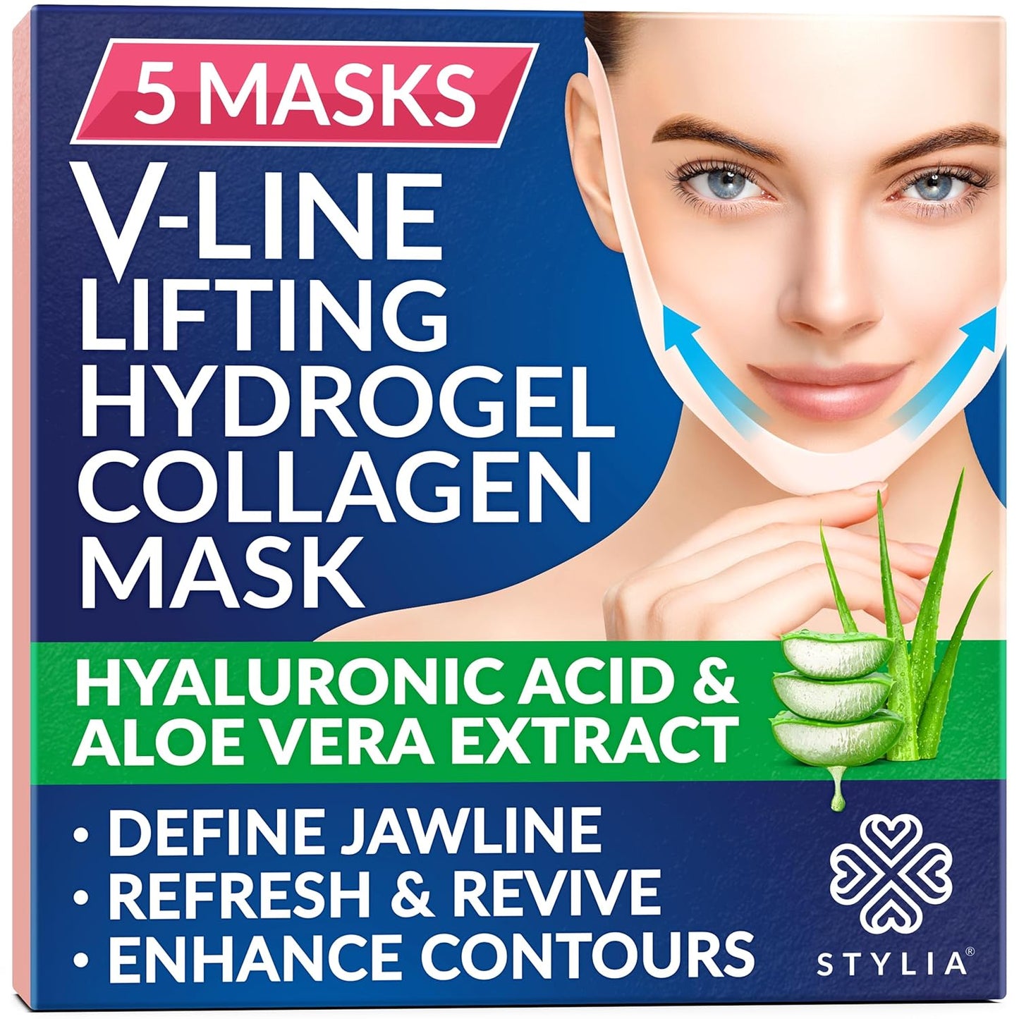 Stylia V Line Lifting Collagen Face Mask - Lift, Firm & Contour Jawline - Double Chin Strap with Hyaluronic Acid & Aloe Vera - Hydrating Neck & Face Tightening Mask - Chin Strap for Sleeping (5PC)