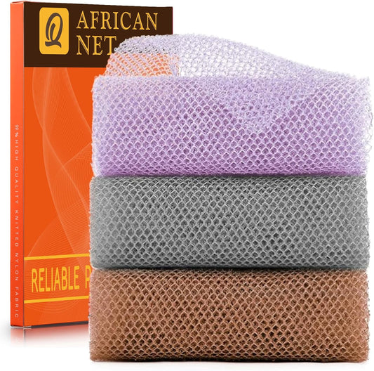 UJFQBH 3 Pieces African exfoliating net African Net Long Net Bath Sponge Exfoliating Shower Body Scrubber Back Scrubber Skin Smoother,Great for Daily Use (Purple、Gray、Brown)
