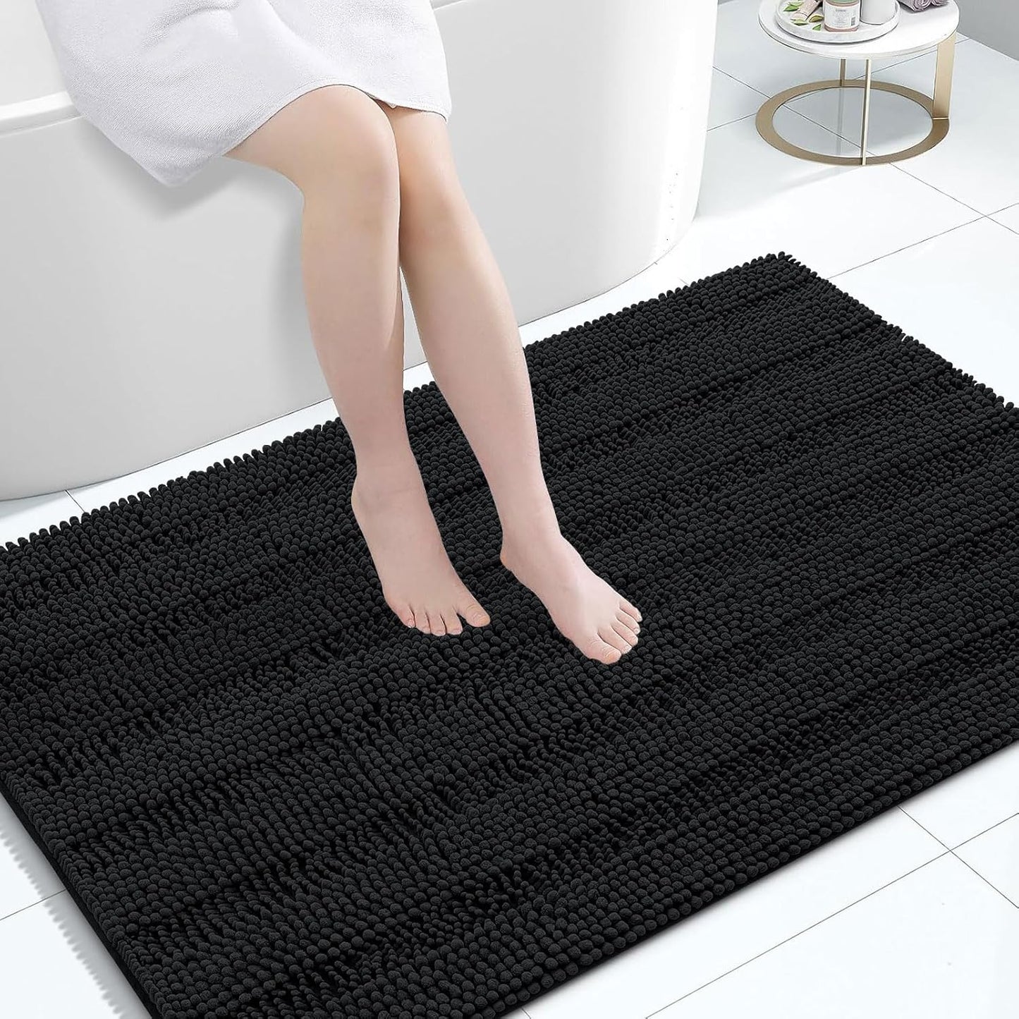 Grandaily Chenille Striped Bathroom Rugs 47x32, Extra Thick and Absorbent Bath Mats, Non-Slip Soft Plush Shaggy Shower Carpet, Machine Wash Dry, Bath Rug for Bathroom, Black