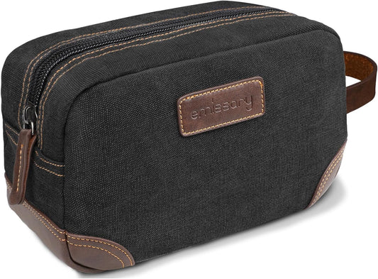 emissary Men's Toiletry Bag, Leather and Canvas Travel Toiletry Bag, Dopp Kit for Men, Travel Bathroom Bag Men's Shaving Kit, Travel Kit Small Bags for Men, Shaving Bag for Travel Accessories (Black)