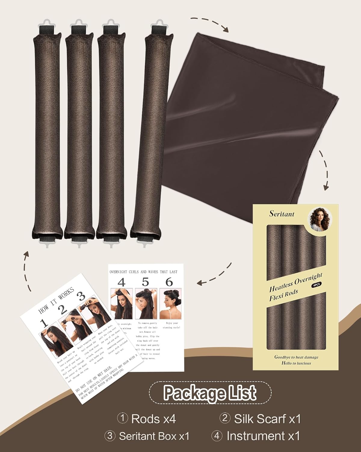 Heatless Curls Overnight Hair Curler - 4 Pcs Curling Rod to Sleep In, Velvet Hair Rollers with Satin Hair Scarf