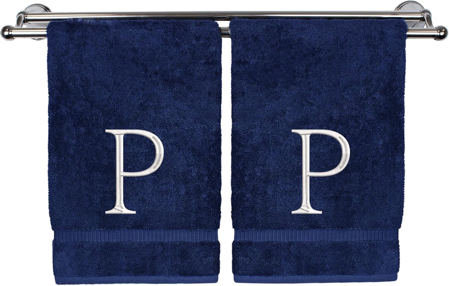 Monogrammed Hand Towel, Personalized Initial Gift, Extra Absorbent 100% Turkish Cotton - Soft Terry Finish - Set of 2 - White Block Initial P - Embroidered on Navy Blue Towels
