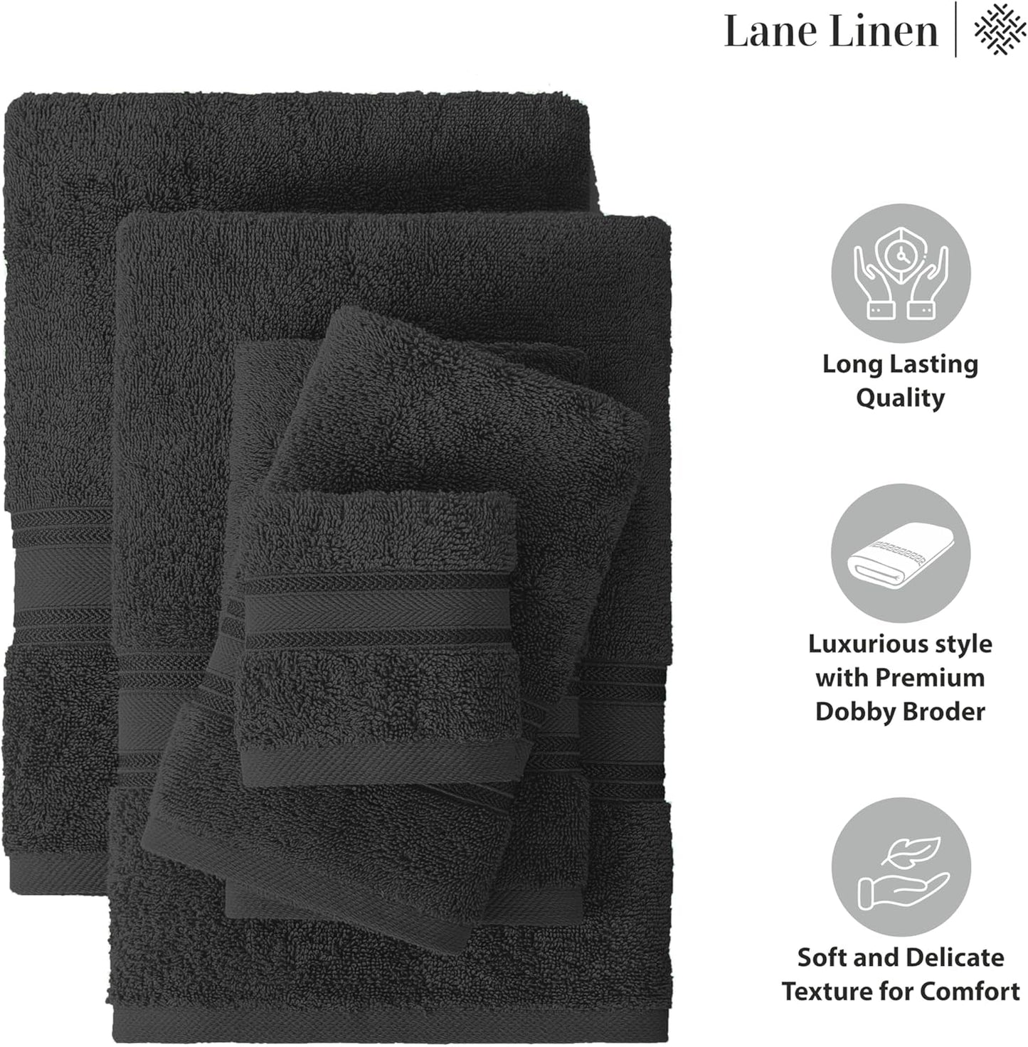 LANE LINEN Luxury Bath Towels Set- 100% Cotton Bathroom Towels, Zero Twist, Quick Dry Shower Towel, Extra Aborbent Super Soft, 6 Bath Towel, 6 Hand Towels, 6 Wash Cloths - Black (18 PC)