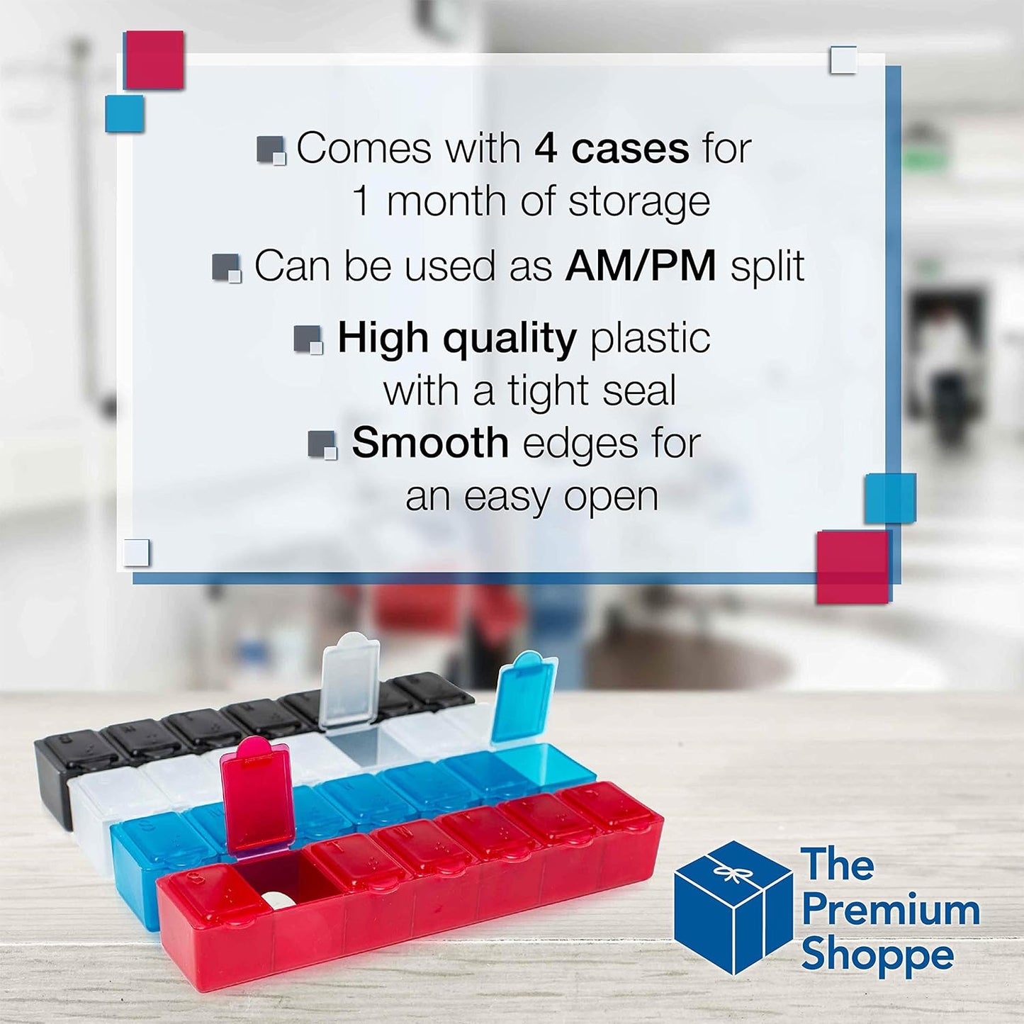 USA Merchant - 7 Day Small Pill Box with Snap Close Lids - Weekly Pill Organizer 4 Times a Day or 28 Day Dispenser - Comes with 4 Separate 7 Day Pill Containers for Vitamins, Supplements, and Medicine