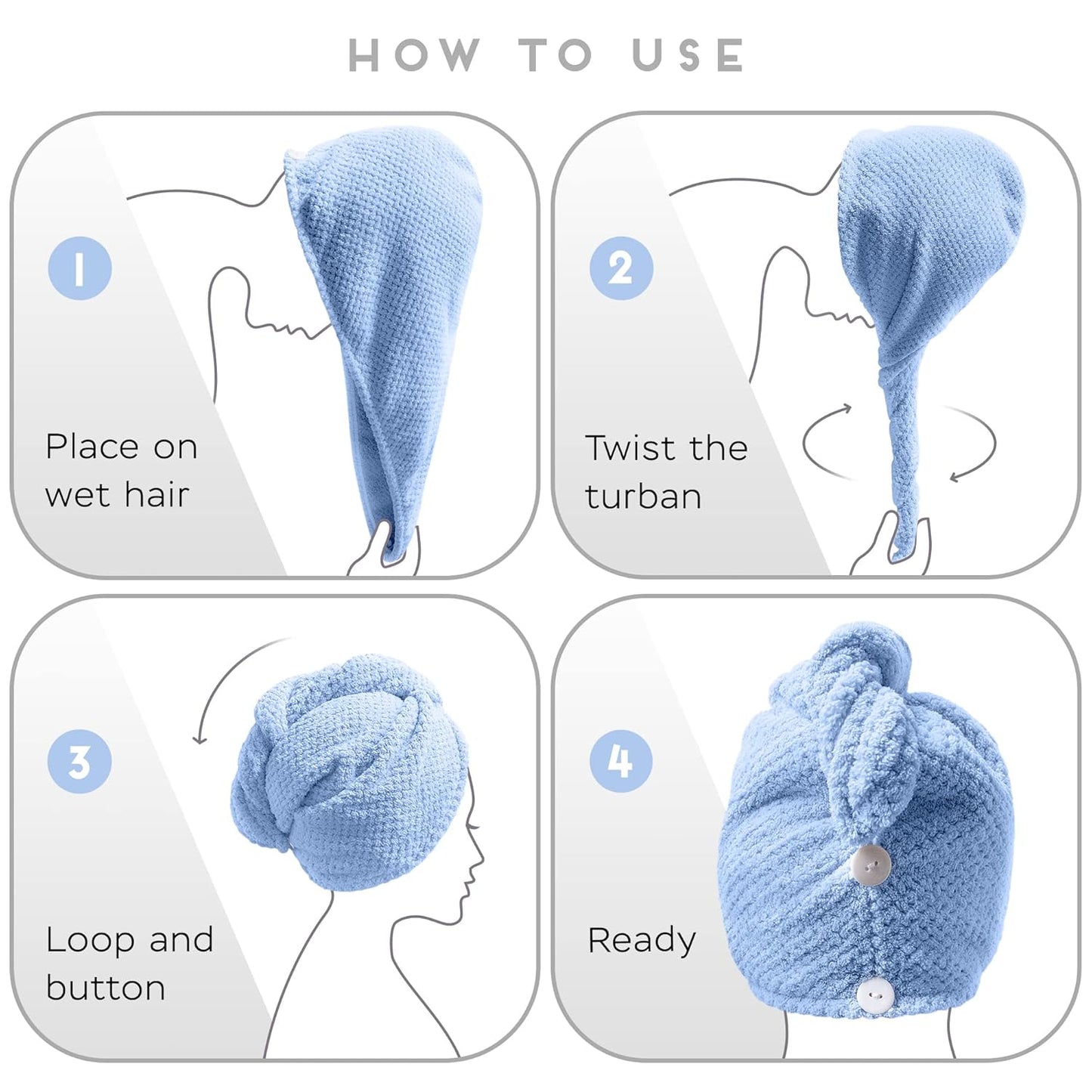 2 Pack Microfiber Hair Towel Wrap for Women, Anti Frizz Quick Drying Hair Turban for All Hair Style, Absorbent and Lightweight (Blue+Pink)