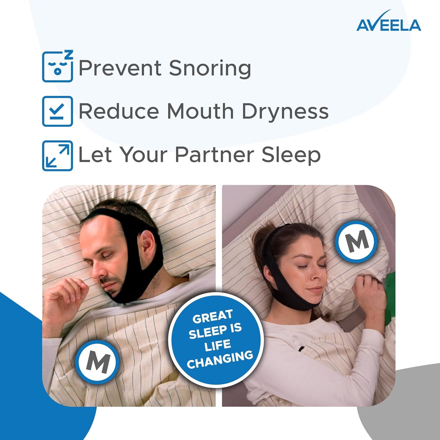 Chin Strap for Sleeping by AVEELA | CPAP Chin Strap in 3 Sizes, Anti Snoring Devices for Men and Women | Double Airflow Jaw Strap, Stop Snoring Solution Chin Strap - Small Chin Strap for CPAP Users