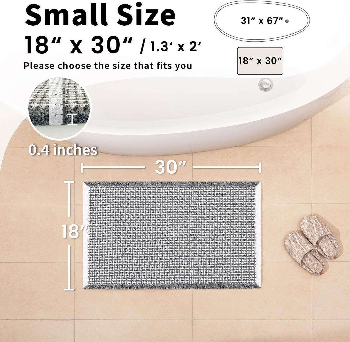 Waffle Bath Mat - Boho Bathroom Rugs Non Slip Washable, Super Absorbent & Quick Dry, Small Bath Mats Farmhouse Bathroom Decor, 18'' x 30'', Dark Grey and White