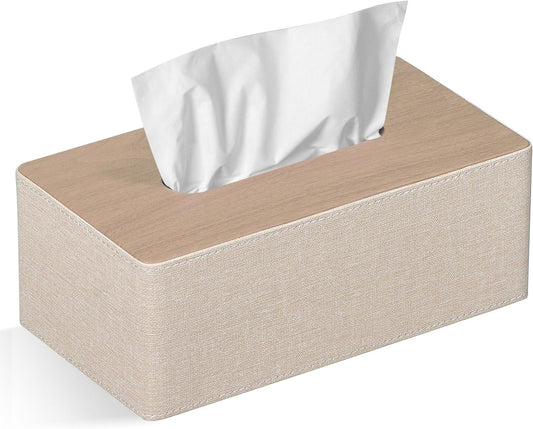 Tissue Box Cover Rectangular 9.8"(L) x 5.3"(W) x 4.3"(H) Refined Modern PU Leather Facial Tissue Dispenser Box Holder for Dresser Bathroom Decorative (Beige)