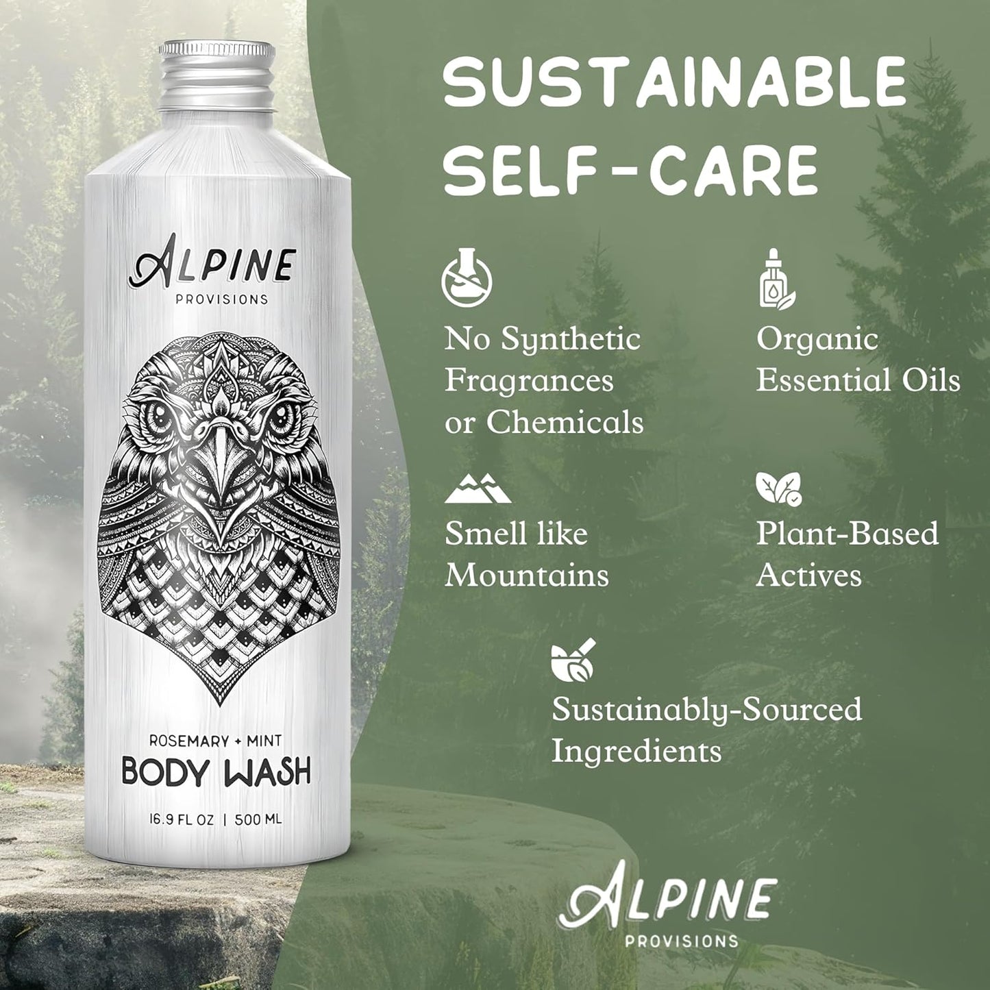 Alpine Provisions Earthy Rosemary + Mint Body Wash – Nutrient-Rich with Chamomile & White Tea Extracts – Vegan, Sulfate-Free, Plastic-Free Packaging – 16.9 fl oz - Natural and Moisturizing Body Wash