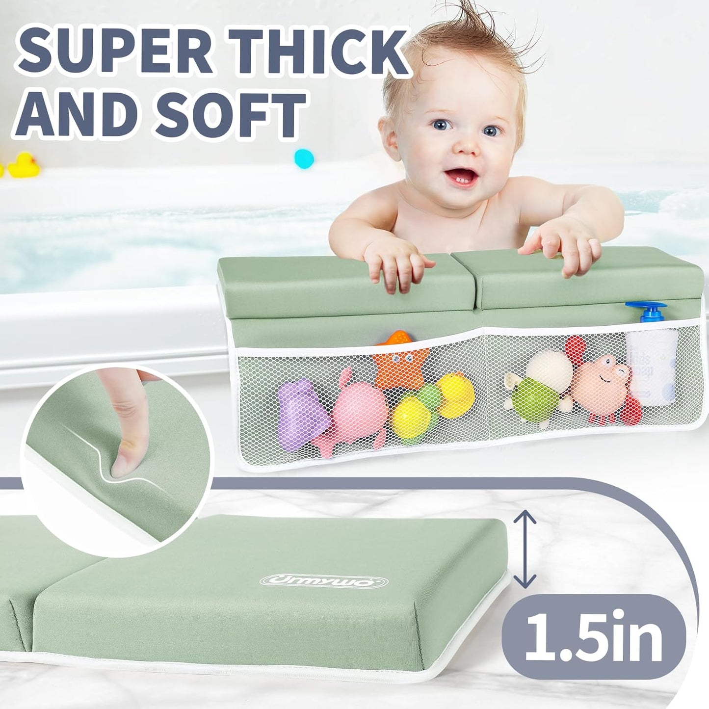 URMYWO Bath Kneeler and Elbow Rest Pad Set - 1.5" Thick Baby Bath Kneeler Pads with Toys Organizer, Anti-Slip Cozy Knee & Arm Support Bathtub Mat, Quick Dry Kneeling Pad for Baby Bath Time