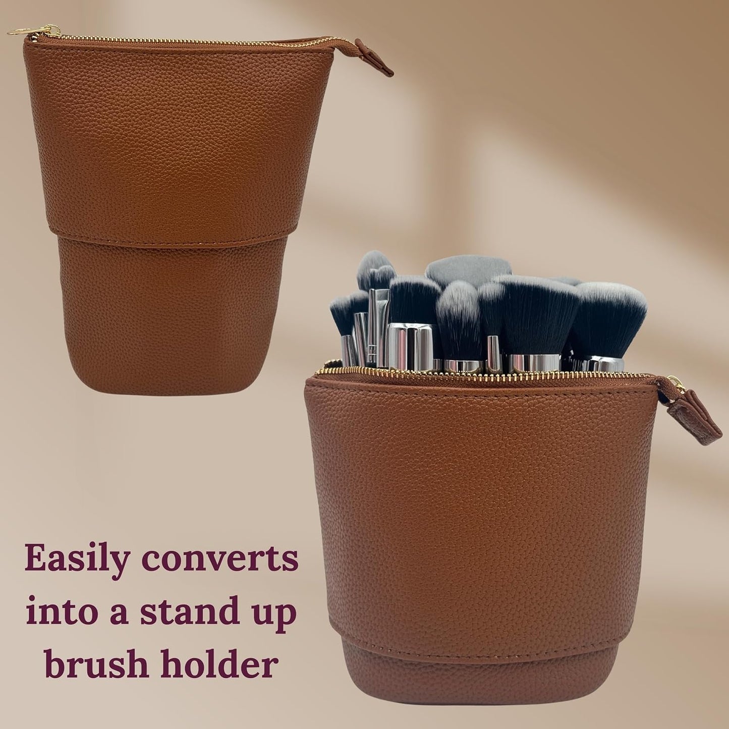 JAZD Travel Makeup Brush Bag Standup Brush Holder Portable Convertible Make up Brush Pouch Cosmetic Case (BROWN)