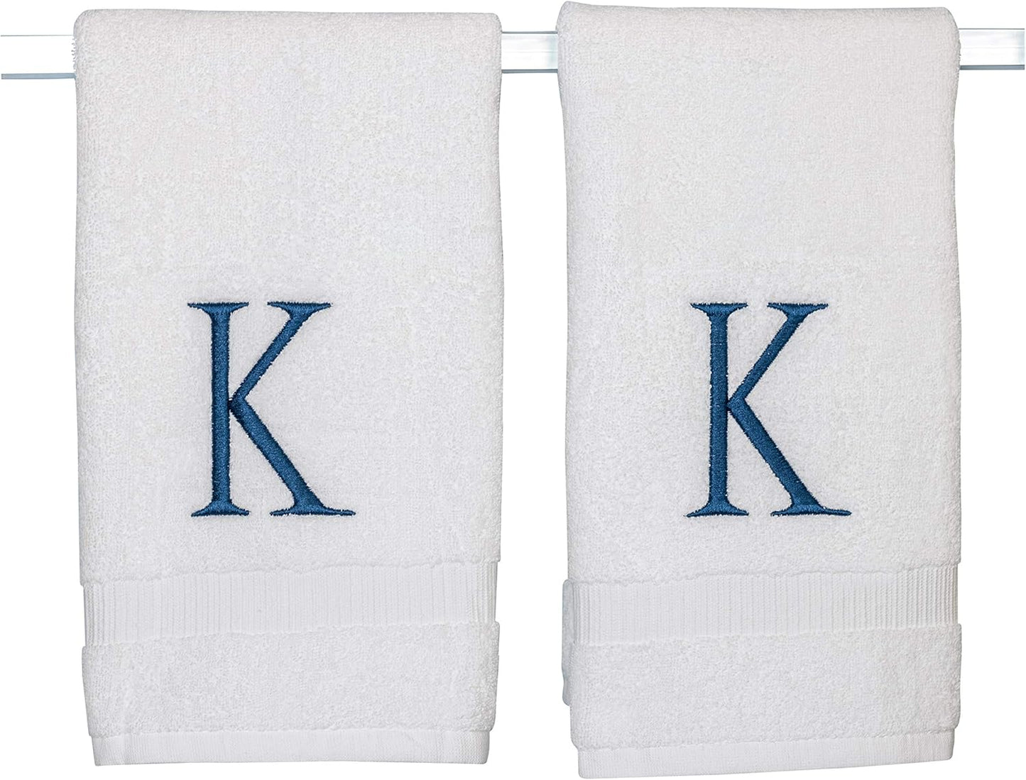 Monogrammed Hand Towels for Bathroom - Luxury Hotel Quality Personalized Initial Decorative Embroidered Bath Towel for Powder Room, Spa - GOTS Organic Certified - Set of 2 Navy Letter K