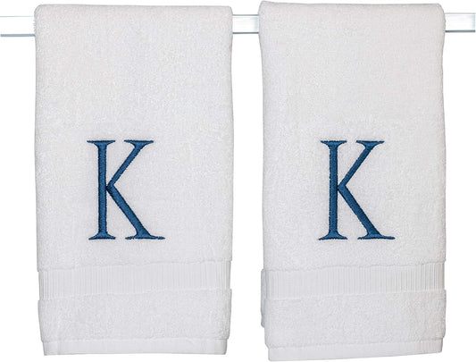 Monogrammed Hand Towels for Bathroom - Luxury Hotel Quality Personalized Initial Decorative Embroidered Bath Towel for Powder Room, Spa - GOTS Organic Certified - Set of 2 Navy Letter K