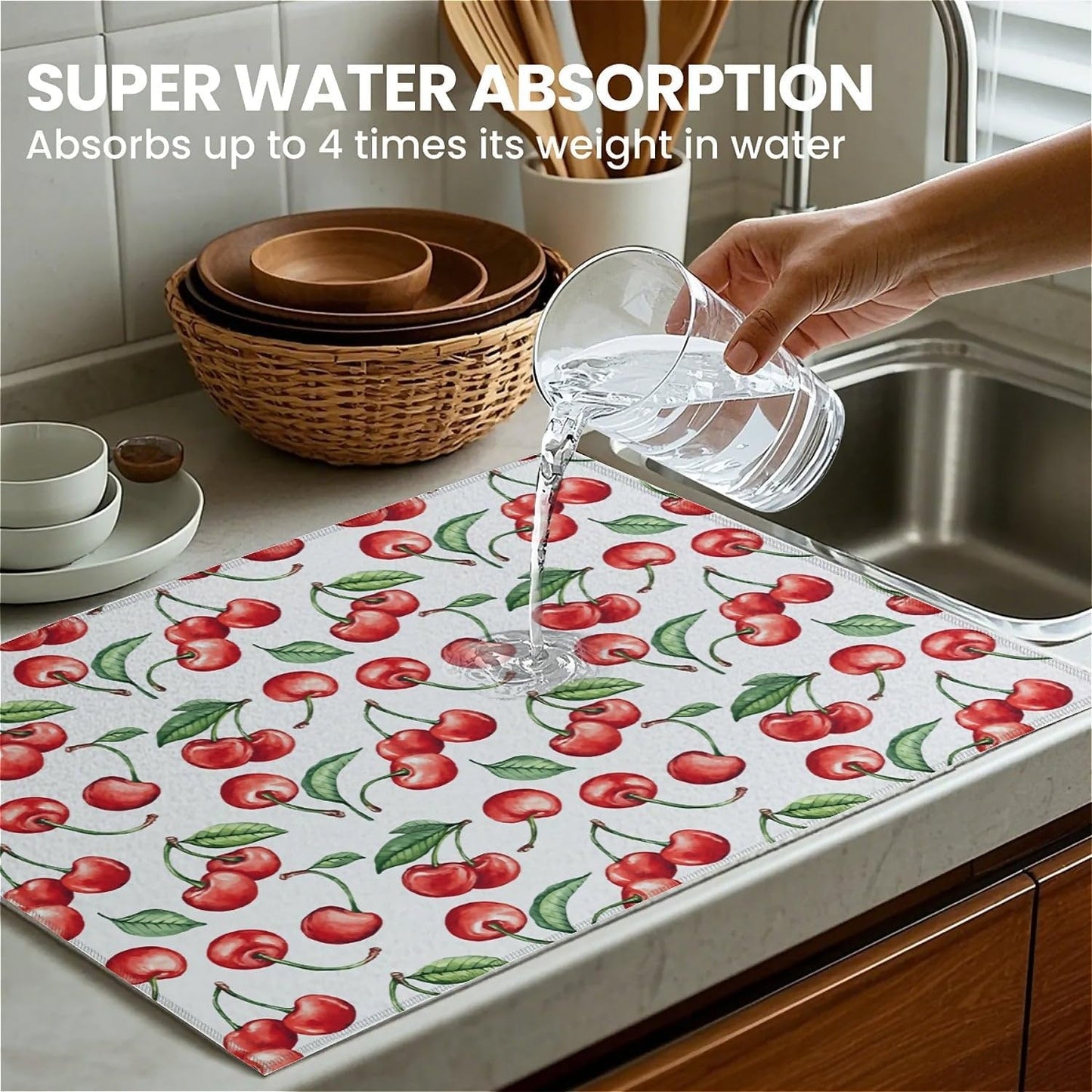 Dish Drying Mat For Kitchen Counter, Cherry Leaf Microfiber Absorbent Dish Drainer Rack Pad Reusable Large 18x24in Drying Mat