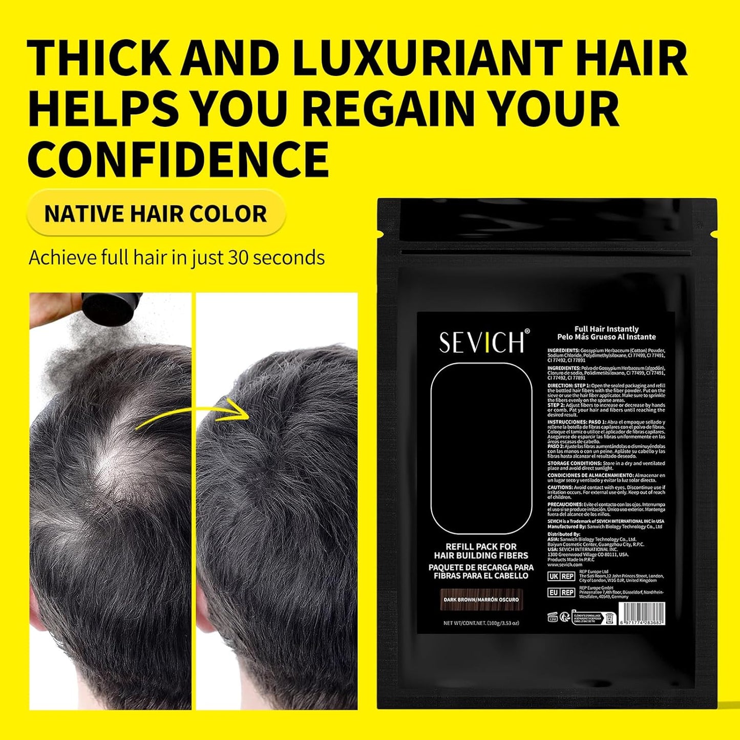 SEVICH Hair Fibers Refill 100g - Compatible with Most Brand Bottles | Hair Building Fibers for Thinning Hair | Instant Thickening Powder for Men & Women | 5-Second Natural Coverage,Light Brown