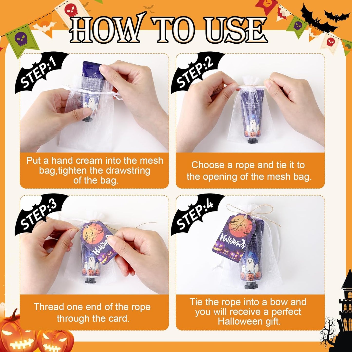 VESPRO 50 Sets Halloween Hand Cream Gift for Women, Hand Lotion for Halloween Party Favors with Halloween Cards and Organza Bags, Halloween Decorations and Bulk Halloween Gifts for Women