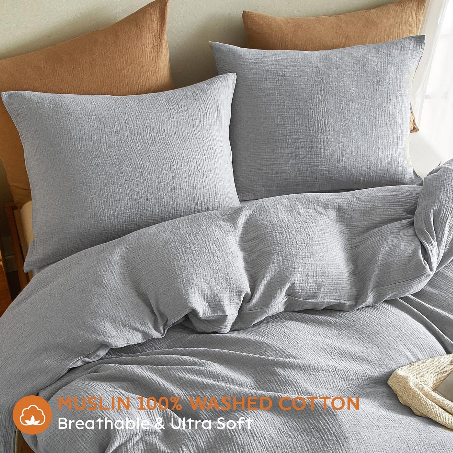 SE SOFTEXLY Muslin Pillowcases Queen Size 100% Cotton, 2 Pack Linen Like Pillow Shams with Envelope Closure, Ultral Soft and Breathable Pillow Case Covers, Light Grey, 20" X 30", No Filling