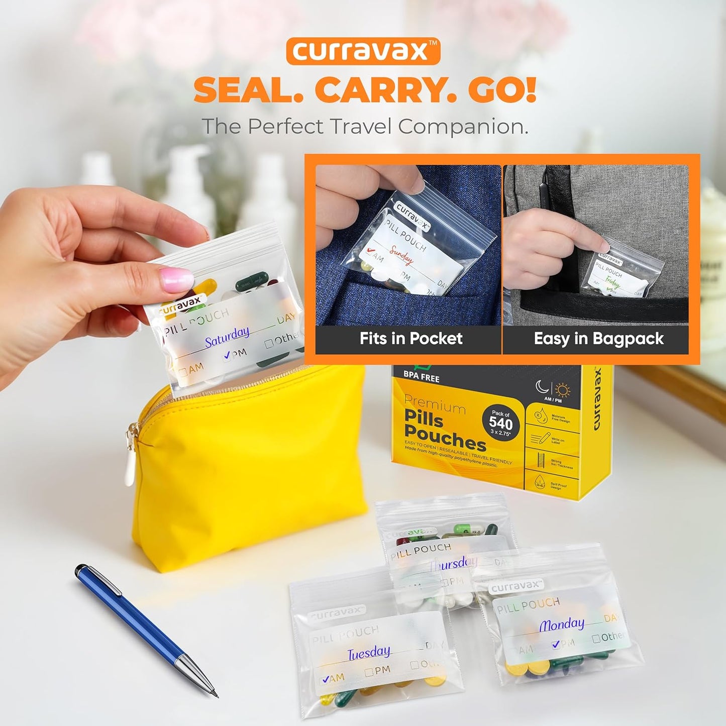 Pill Bags for Travel Pack of 540 - BPA Free 3 x 2.75 inch Pill Pouch - Reusable Pill Pouches for Medicine with Write on Label –Clear Ziplock Pill Baggies for Travel Medicine Organizer