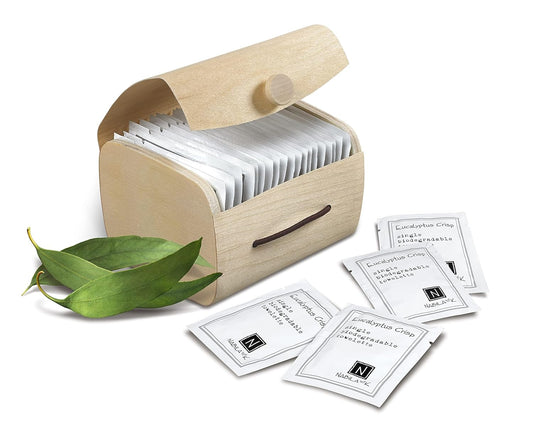 Eucalyptus Crisp Scented Moist Towelettes Single Use by Nabila K - Alcohol-Free, Plant-Based with Natural Ingredients - Individually Wrapped Disposable Travel Size Wipes with Bamboo Case - 20 Count