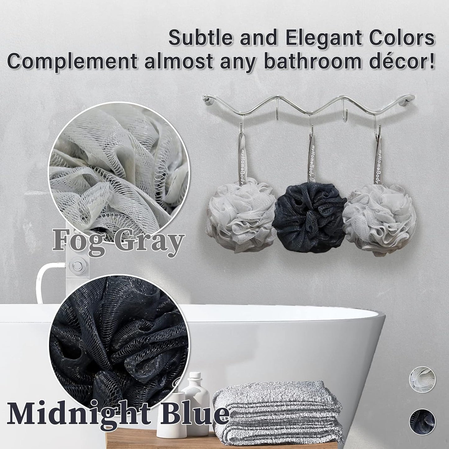 myHomeBody 60g Loofah Sponge, Body Scrubber, Bath Sponge, Loofah for Women, Men, Exfoliating Sponge Shower Pouf with Activated Charcoal - 2 Fog Gray + 1 Midnight Blue, 3 Pack