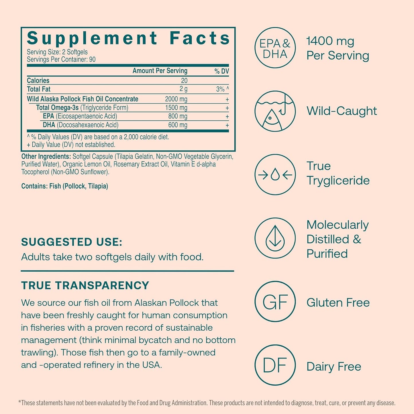 True Grace Omega-3 Fish Oil - 180 Softgels - 1400 mg EPA + DHA - Brain, Heart, Joint & Immune Health - Organic, Gluten Free, Soy Free