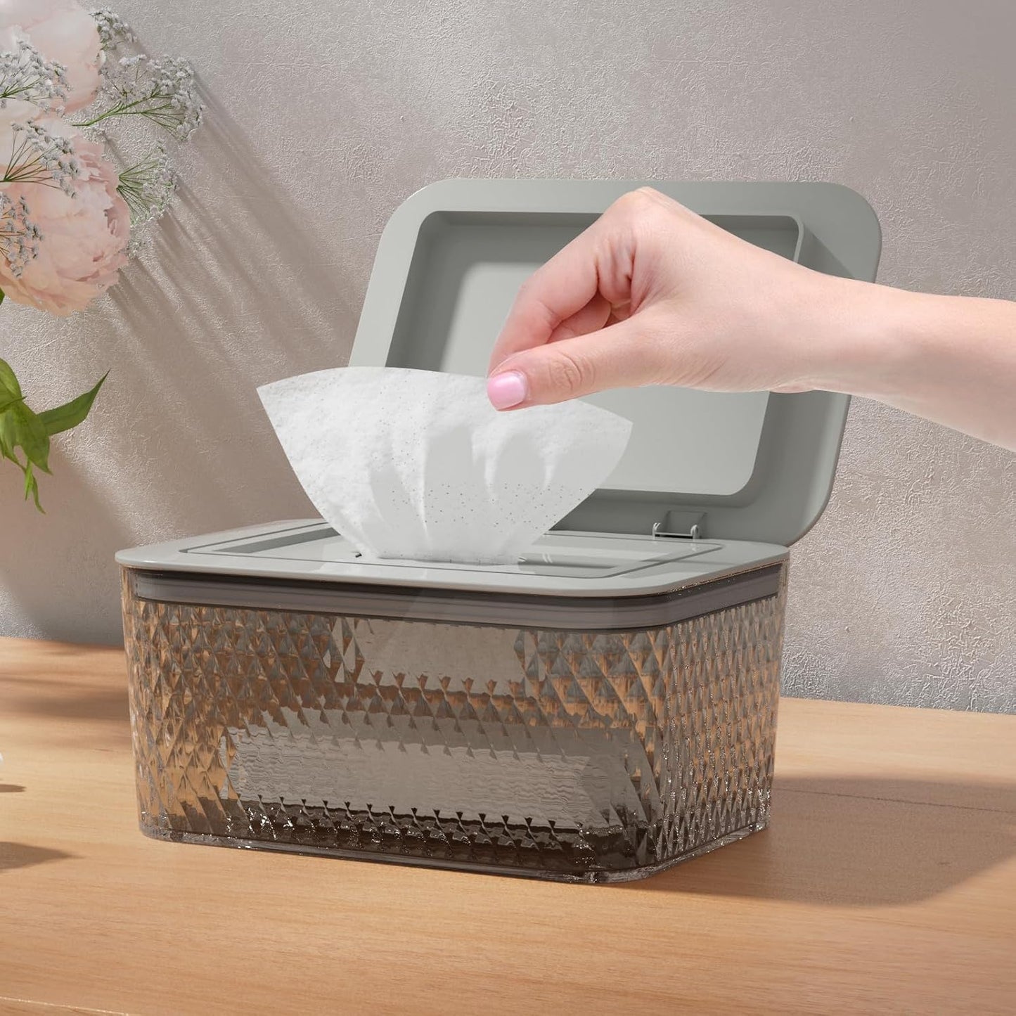 Wipes Dispenser, One-Handed Operation Wipe Holder for Baby & Adult, Seal-Designed Wipes Container for Bathroom Keep Diaper Wipes Fresh (Grey)